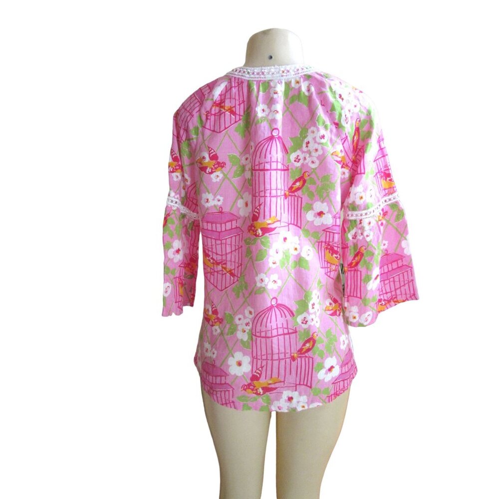Spartina 449 Pink Wren Bird Cage Linen Tunic Top w Tassle Closure in Size Small - Picture 4 of 7